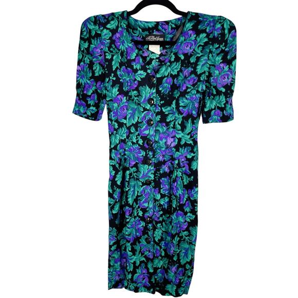 Vintage, Sz 3/4, Bright Teal & Purple Button Up Rayon Dress, Shoulder Pads, VGVC - Picture 1 of 6